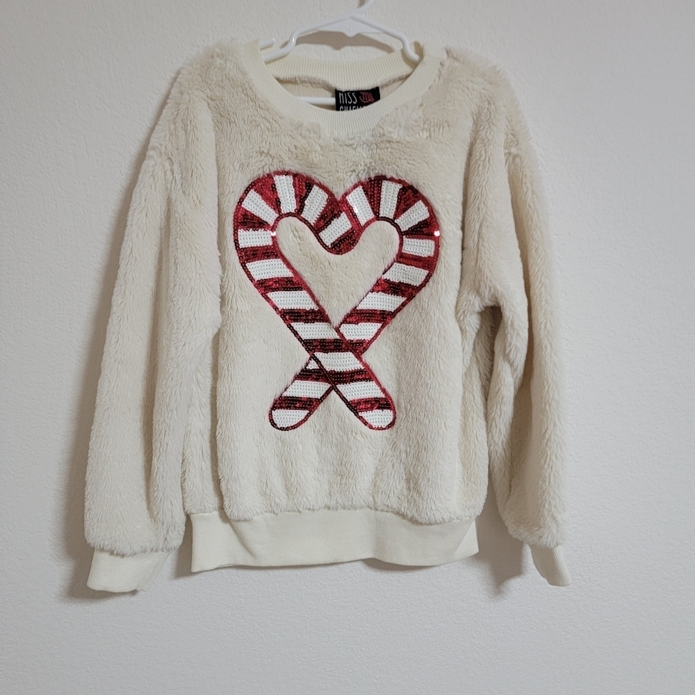 🤍 Miss Chievous Cozy Cream Sweater with Red Candy Cane Sequin Design